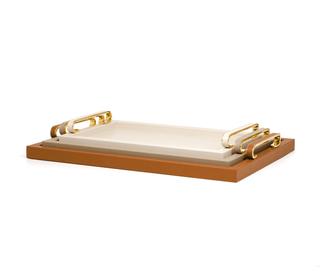 wooden serving tray pinetti stylish leather chrome brass handles side view