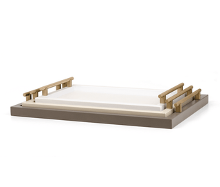 leather serving tray pinetti luxury dafne tray knurled metal handles satin gold finish close-up