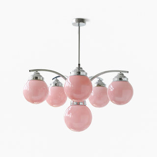 Round glass retro chandelier chrome pendant side angle close-up