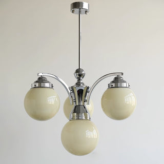 Chrome round glass chandelier interior space overhead view