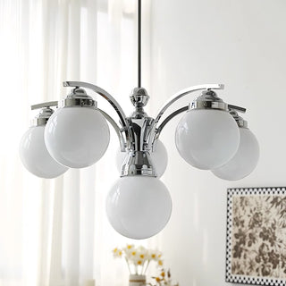 Mid-century inspired chrome glass pendant light fixture overhead