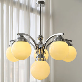 Retro chrome round glass chandelier hanging lamp close-up view