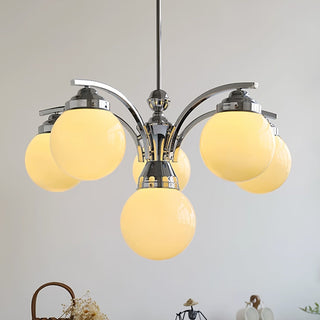 Round glass chandelier retro chrome finish detail interior shot