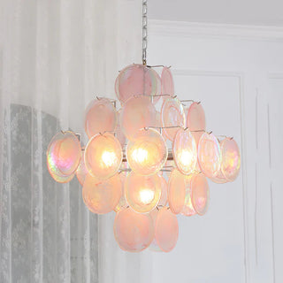Vintage pink Murano chandelier front — iron frame pendant design