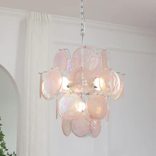 Vintage Murano pink chandelier close-up — iron frame pendant detail