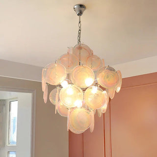 Vintage pink glass chandelier wide — Murano iron frame pendant