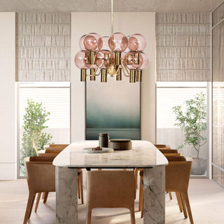 Contemporary pink glass chandelier front — 12-bulb decorative design