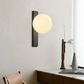 Spherical white wall lamp side view — minimalist ball fixture