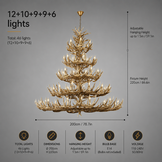 Resin Antler Chandelier – Botanical Style Ceiling Pendant Light With Durable Lacquered Frame