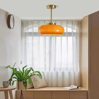 Round vintage amber ceiling fixture, glass adjustable pendant