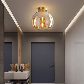 Copper semi-flush ceiling lamp close-up, retro glass bedroom
