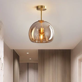 Retro glass copper ceiling fixture in bedroom, semi-flush