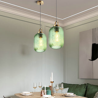 Retro green glass pendant showing lantern shade detail