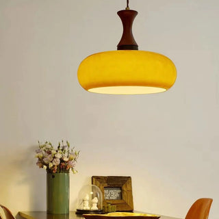 Pendant with yellow dome shade and wooden retro accent