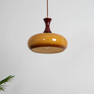 Suspension Dôme Jaune – Luminaire Rétro avec Accents en Bois pour Îlot de Cuisine