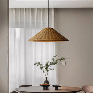 Handwoven rattan pendant showing natural fiber texture