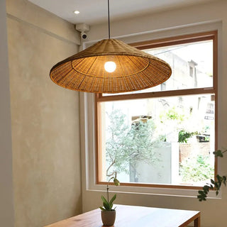 Woven Rattan Pendant Light - Retro Cone Boho Pendant Lighting With Adjustable Height