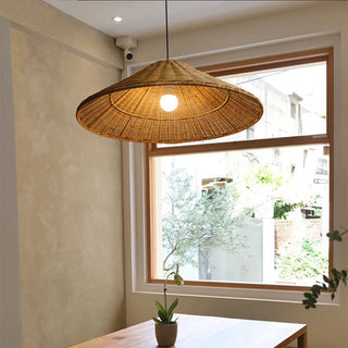 Woven Rattan Pendant Light - Retro Cone Boho Pendant Lighting With Adjustable Height