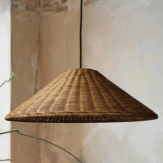 Woven Rattan Pendant Light - Retro Cone Boho Pendant Lighting With Adjustable Height