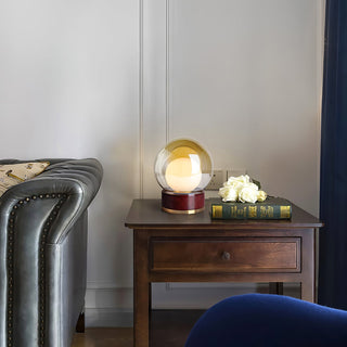 Modern glass lamp illuminated — round metal wood warm