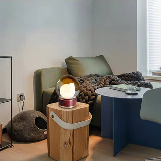 Sleek glass table light setting — round metal wood wide