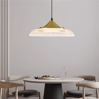 Gold bowl LED pendant close-up — black modern ceiling lamp