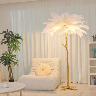 Lampadaire plume – Lampe artisanale en plumes d'autruche avec base en métal | Éclairage d'ambiance élégant