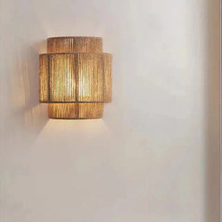 Bohemian Wall Lamp – Woven Rattan Natural Wall Sconce with Soft Light Diffuser