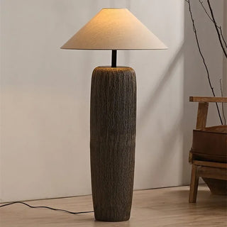 Japanese Ceramic Floor Lamp – Sculpted Base With Beige Fabric Lampshade & Touch Switch