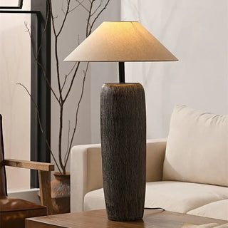 Japanese Ceramic Floor Lamp – Sculpted Base With Beige Fabric Lampshade & Touch Switch