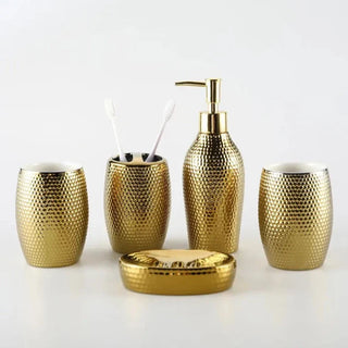 gold luxury handcrafted ceramic soap dispenser bathroom storage kit set close-up
