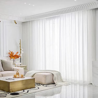 light white sheer curtain tulle panels voile fabric drapes front view
