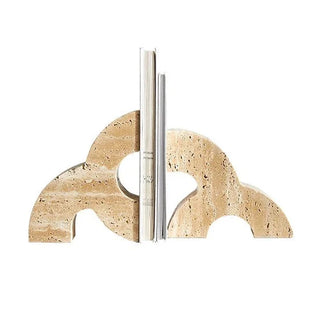 travertine stone bookends handcrafted beige natural shelf supports front view