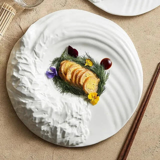 ceramic plate earthworks handcrafted porcelain rocky texture luxury dinnerware detail