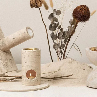 travertine stone diffuser handcrafted essential oil aroma burner honed surface close-up