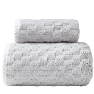 coral velvet plush grid quick-drying bath towel set grey front view