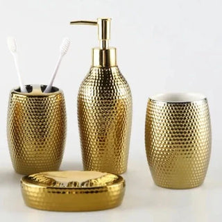 gold luxury handcrafted ceramic soap dispenser bathroom storage kit set side view