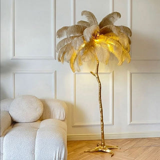 Lampadaire plume – Lampe artisanale en plumes d'autruche avec base en métal | Éclairage d'ambiance élégant