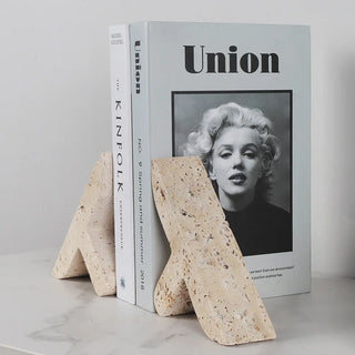 travertine stone bookends elessí leaning beige handcrafted decor side view