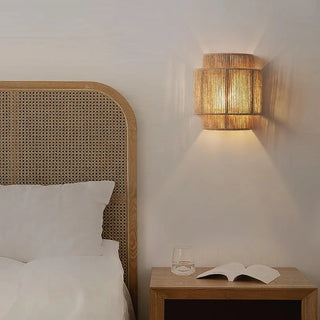 Bohemian Wall Lamp – Woven Rattan Natural Wall Sconce with Soft Light Diffuser