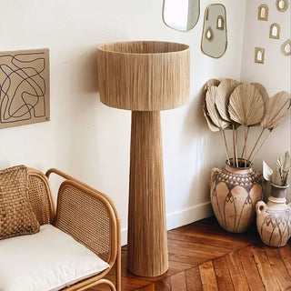 Woven Wicker Floor Lamp – Japanese Style LED Light With Natural Fabric Shade