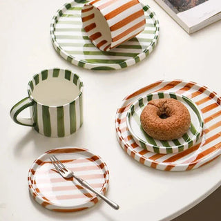 ceramic mug collection handcrafted green stripe mugs hemma home earthworks set view