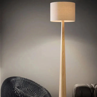 Rustic walnut standing lamp front – cotton linen shade wood