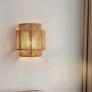 Bohemian Wall Lamp – Woven Rattan Natural Wall Sconce with Soft Light Diffuser