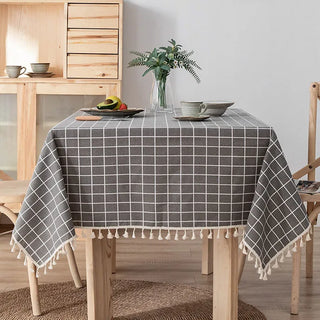 cotton tablecloth amsterdam grey plaid waterproof rectangle cover tassels front view