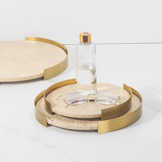 luxury travertine round gold stone tray handcrafted bathroom set view