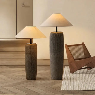 Japanese Ceramic Floor Lamp – Sculpted Base With Beige Fabric Lampshade & Touch Switch