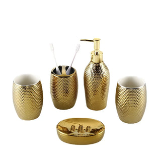 gold luxury handcrafted ceramic soap dispenser bathroom storage kit set front view