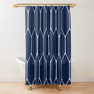 navy white hexagonal polyester mold resistant waterproof shower curtain front view