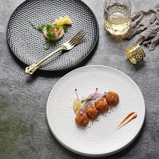ceramic plate earthworks handcrafted porcelain elegant black white textured dishware detail